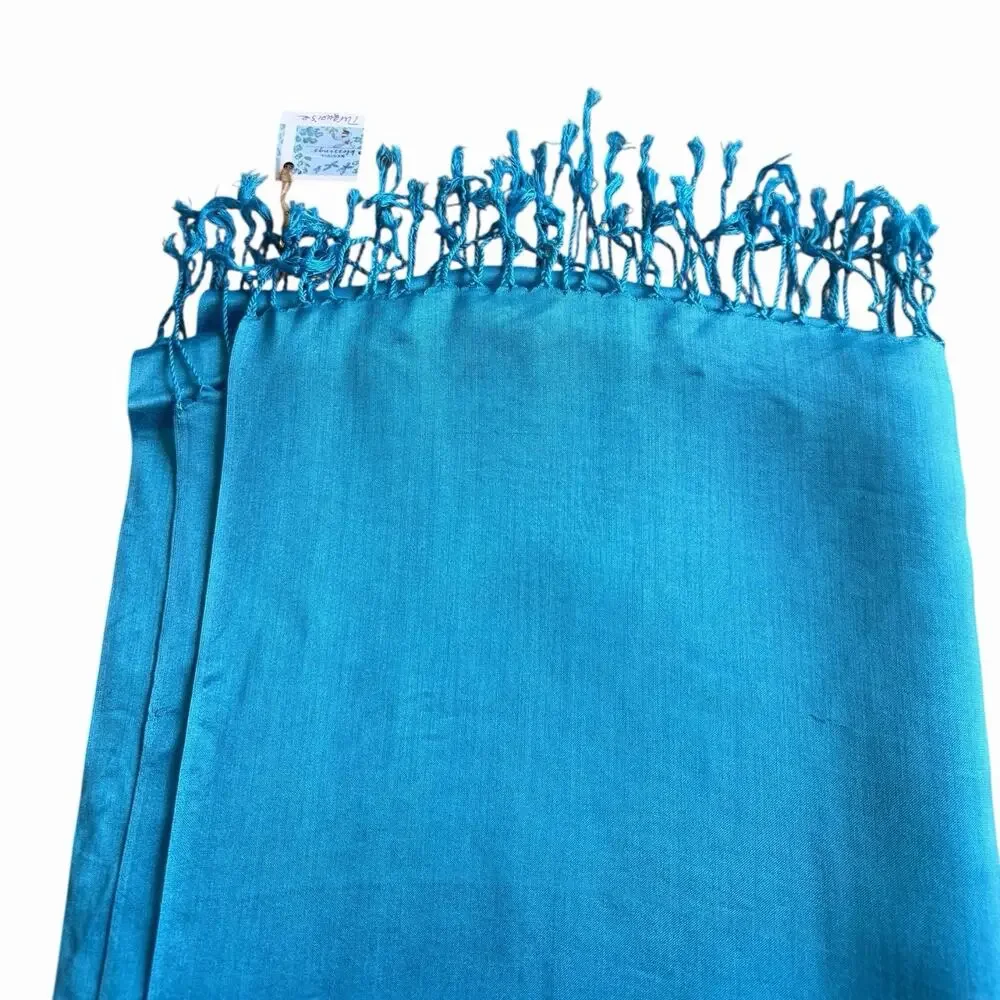Handmade Turquoise Blue Sheer Fringe Scarf Lightweight Shawl Wrap Boho Style